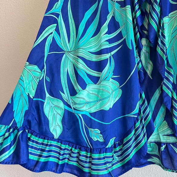 VTG 70S BLUE & GREEN FLORAL RUFFLE WRAP SKIRT W/ SLIT - Picture 7 of 7